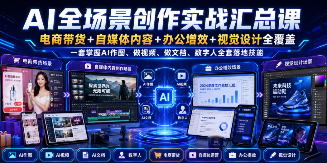 AI全场景创作实战汇总课｜电商带货+自媒体内容+办公增效+视觉设计全覆盖，一套掌握AI作图、做视频、做文档、数字人全套落地技能-韬哥副业项目资源网