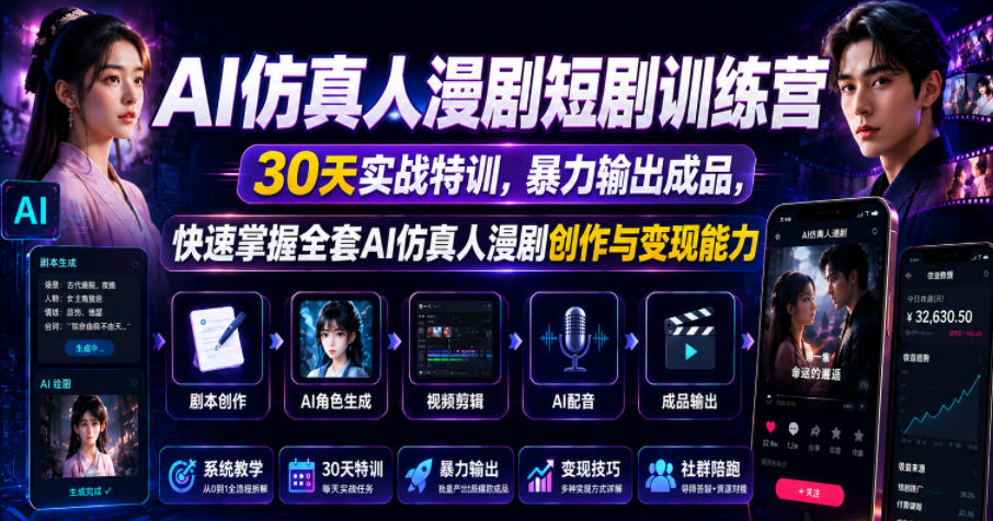 AI仿真人漫剧短剧训练营，30天实战特训，暴力输出成品，快速掌握全套AI仿真人漫剧创作与变现能力-韬哥副业项目资源网