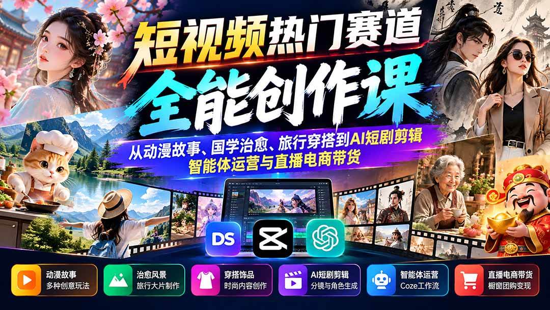(20956期)短视频热门赛道全能创作课:从动漫故事、国学治愈、旅行穿搭到AI短剧剪辑、智能体运营与直播电商带货-韬哥副业项目资源网