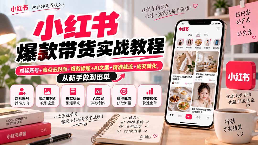 （20473期）小红书爆款带货实战教程｜对标账号+高点击封面+爆款标题+AI文案+精准截流+成交转化，从新手做到出单-韬哥副业项目资源网