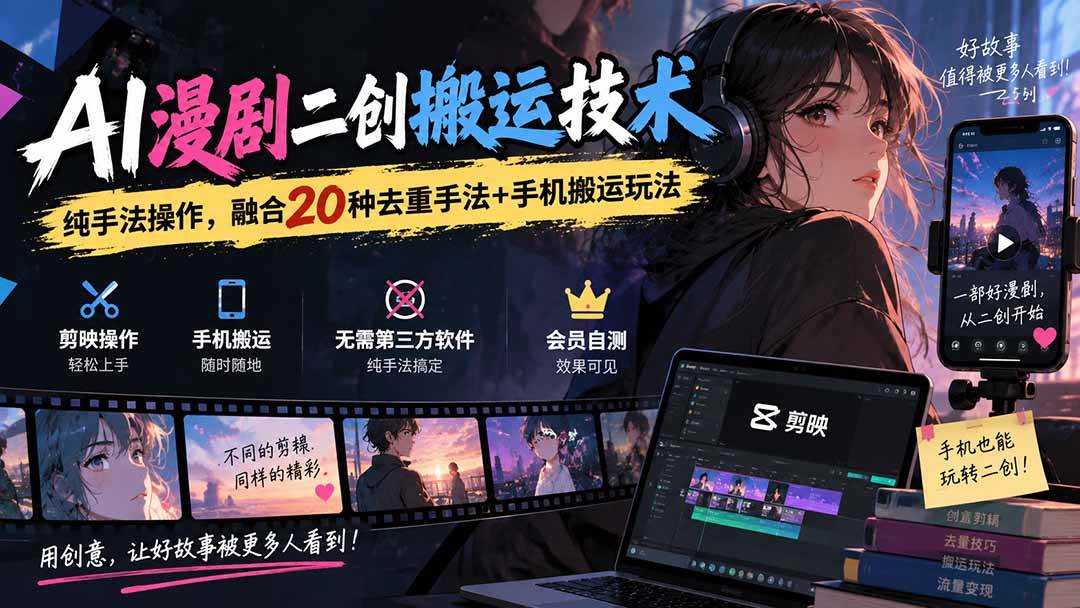 （20551期）AI漫剧二创搬运技术，纯手法操作，融合20种去重手法++手机搬运玩法-韬哥副业项目资源网