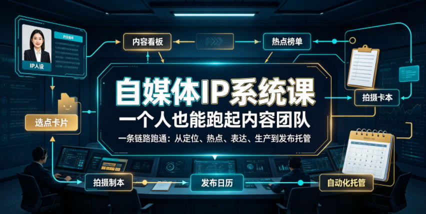 自媒体IP系统课，一个人也能跑起内容团队，一条链路跑通，从定位、热点、表达、生产到发布托管-韬哥副业项目资源网