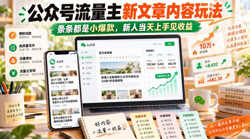 公众号流量主新文章内容玩法，条条都是小爆款，新人当天上手见收益-韬哥副业项目资源网