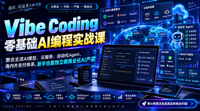 Vibe Coding零基础AI编程实战课-无水印，整合主流AI模型、云服务、自动化Agent、海内外支付体系，新手也能独立做商业化AI产品-韬哥副业项目资源网