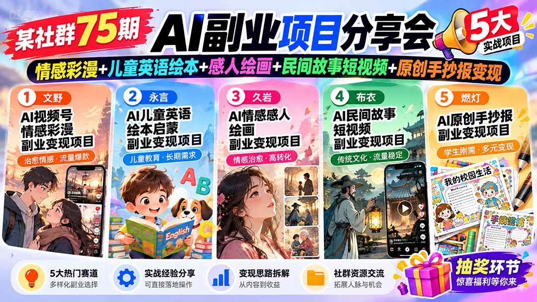 （20874期）某社群75期AI副业项目分享会：情感彩漫+儿童英语绘本+感人绘画+民间故事短视频+原创手抄报变现-韬哥副业项目资源网