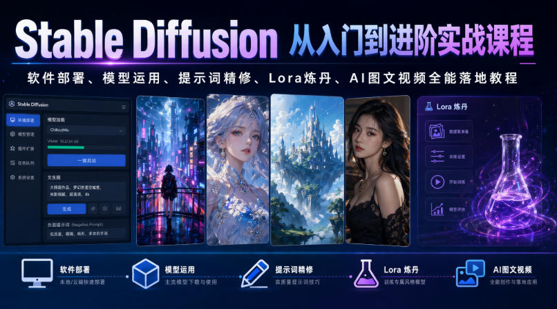 Stable Diffusion从入门到进阶实战课程|软件部署、模型运用、提示词精修、Lora炼丹、AI图文视频全能落地教程-韬哥副业项目资源网