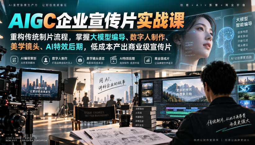 AIGC企业宣传片实战课，重构传统制片流程，掌握大模型编导、数字人制作、美学镜头、AI特效后期，低成本产出商业级宣传片-韬哥副业项目资源网