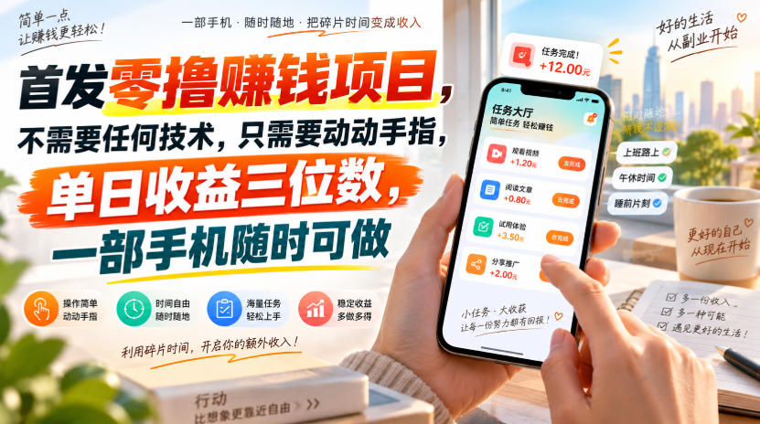 首发零撸賺钱项目，不需要任何技术，只需要动动手指，单日收益三位数，一部手机随时可做【揭秘】-韬哥副业项目资源网