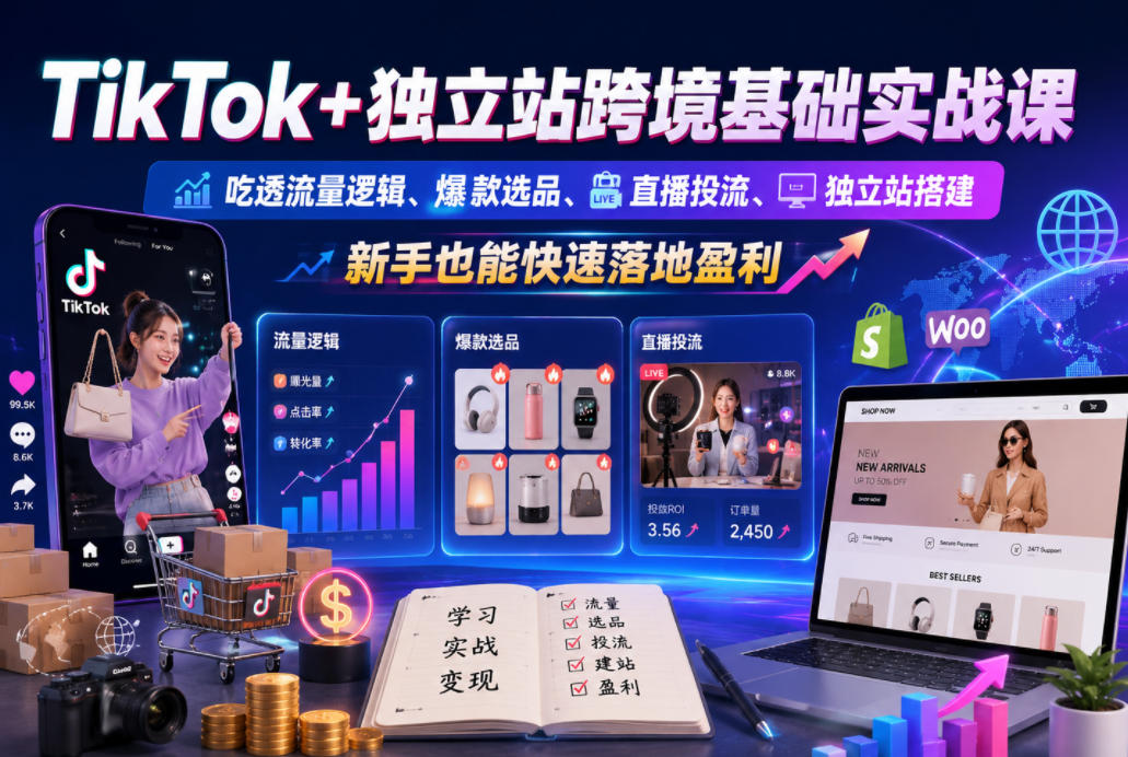 TikTok+独立站跨境基础实战课，吃透流量逻辑、爆款选品、直播投流与独立站搭建，新手也能快速落地盈利-韬哥副业项目资源网