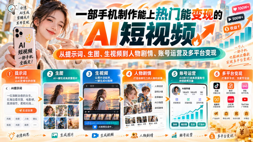 【无水印】一部手机制作能上热门能变现的AI短视频,从提示词、生图、生视频到人物剧情、账号运营及多平台变现-韬哥副业项目资源网