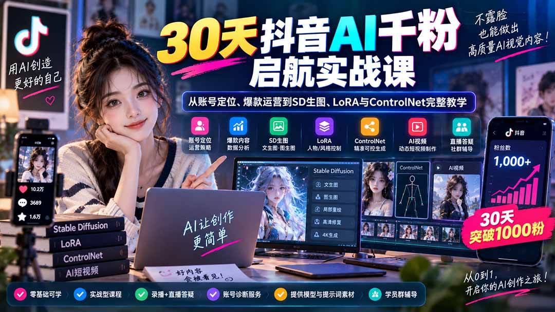 (20291期)30天抖音AI千粉启航实战课:从账号定位、爆款运营到SD生图、LoRA与ControlNet完整教学-韬哥副业项目资源网