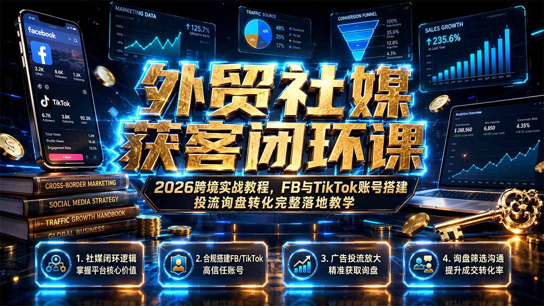 外贸社媒获客闭环课｜2026跨境实战教程，FB与TikTok账号搭建投流询盘转化完整落地教学-韬哥副业项目资源网