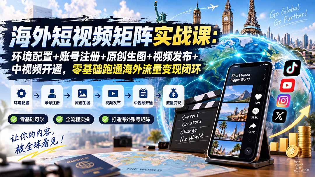 (20470期)海外短视频矩阵实战课:环境配置+账号注册+原创生图+视频发布+中视频开通,零基础跑通海外流量变现闭环-韬哥副业项目资源网