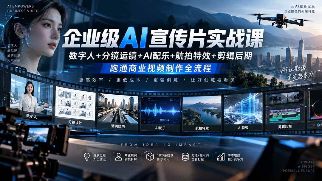 （20548期）企业级AI宣传片实战课｜数字人+分镜运镜+AI配乐+航拍特效+剪辑后期，跑通商业视频制作全流程-韬哥副业项目资源网