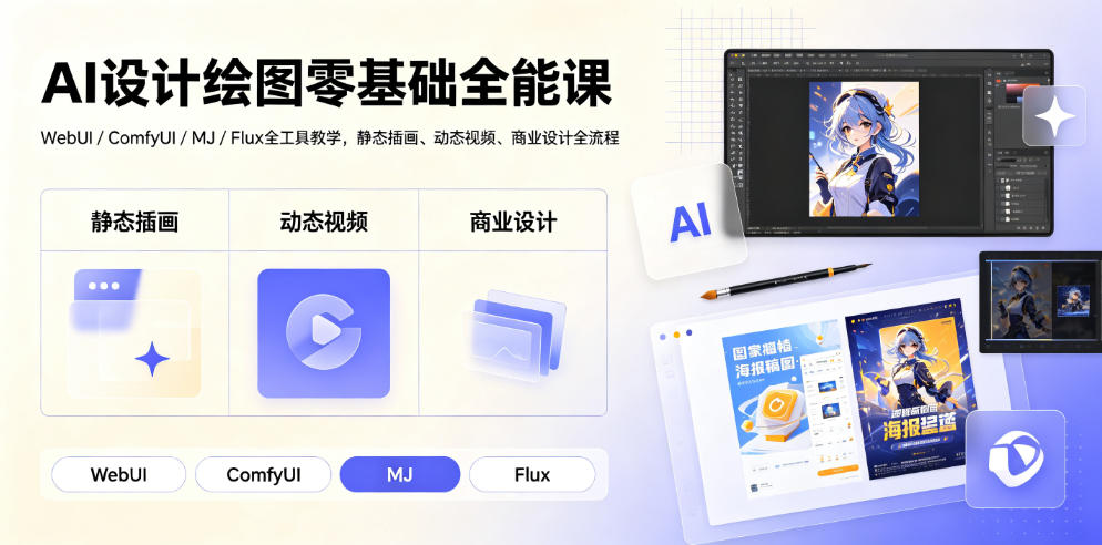AI设计绘图零基础全能课｜WebUI/ComfyUI/MJ/Flux全工具教学，静态插画、动态视频、商业设计全流程-韬哥副业项目资源网
