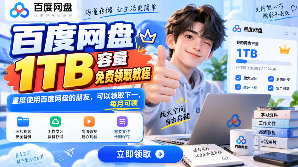 百度网盘1TB容量免费领取教程,重度使用百度网盘的朋友,可以领取下一,每月可领-韬哥副业项目资源网