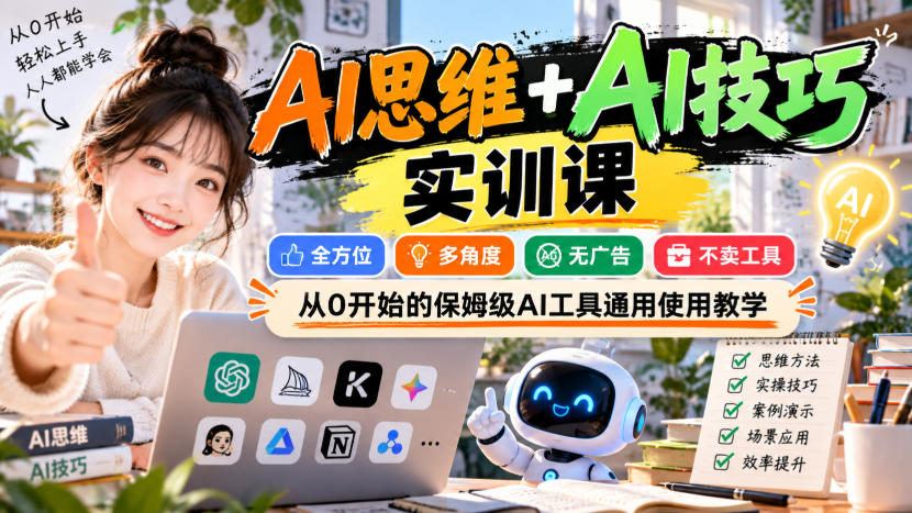 AI思维+AI技巧实训课，全方位、多角度、无广告、不卖工具，从0开始的保姆级AI工具通用使用教学-韬哥副业项目资源网