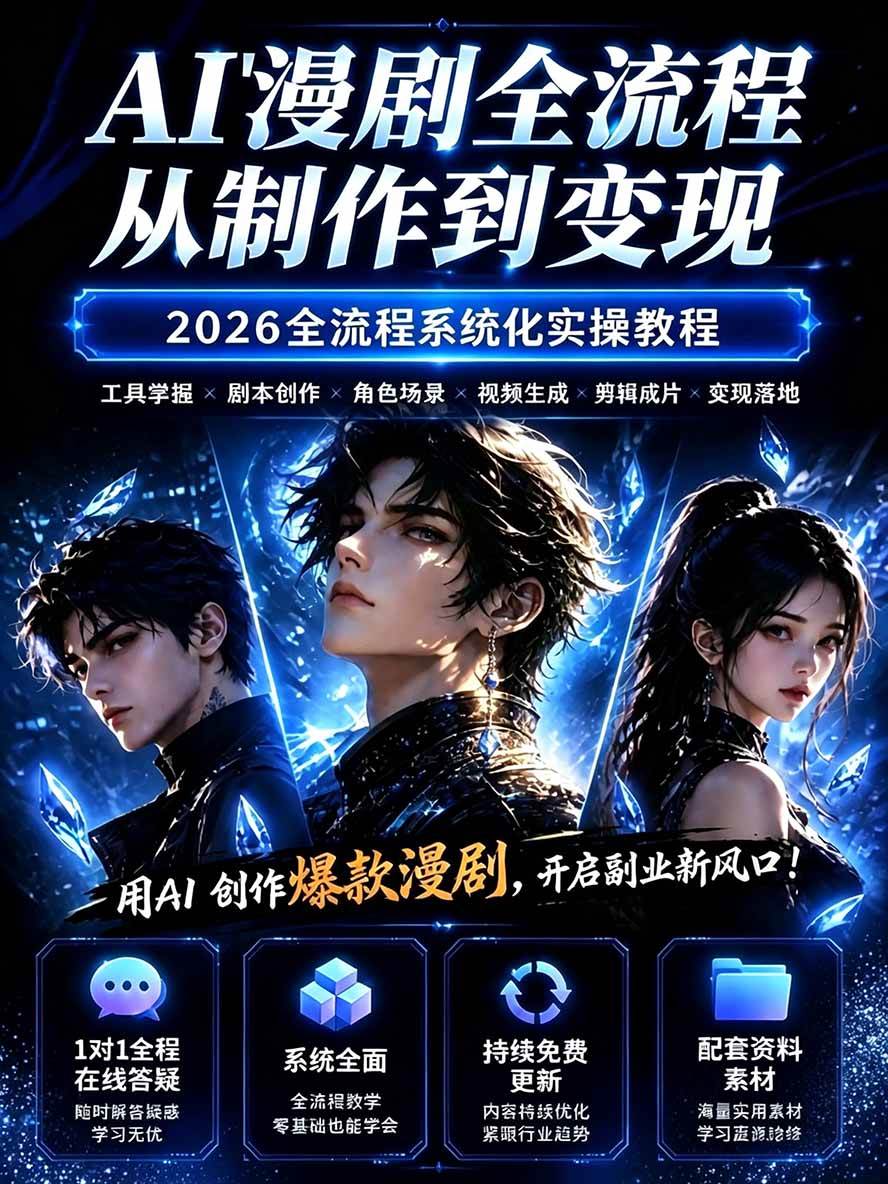 (20906期)【无水印】2026AI漫剧创作与商业变现掘金营:打通选题→AI编剧→角色场景→自动分镜→视频生成→剪辑发布→运营变现 (20906期)【无水印】2026AI漫剧创作与商业变现掘金营:打通选题→AI编剧→角色场景→自动分镜→视频生成→剪辑发布→运营变现