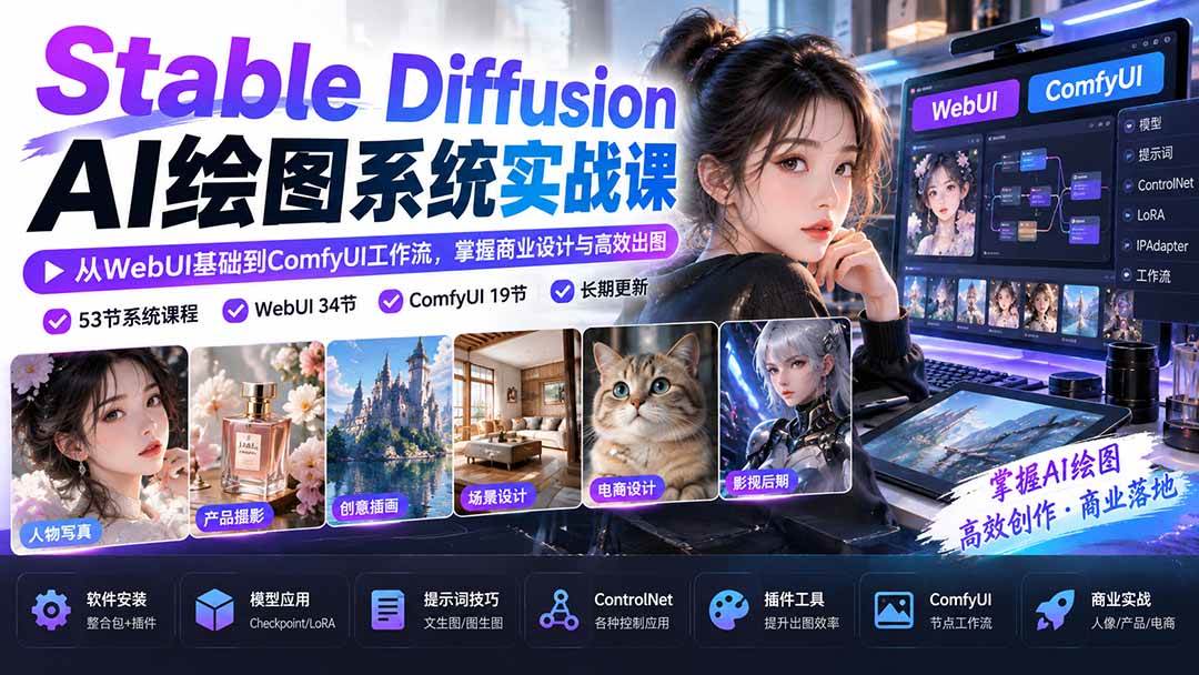 （20678期）Stable Diffusion AI绘图系统实战课：从WebUI基础到ComfyUI工作流，掌握商业设计与高效出图-韬哥副业项目资源网