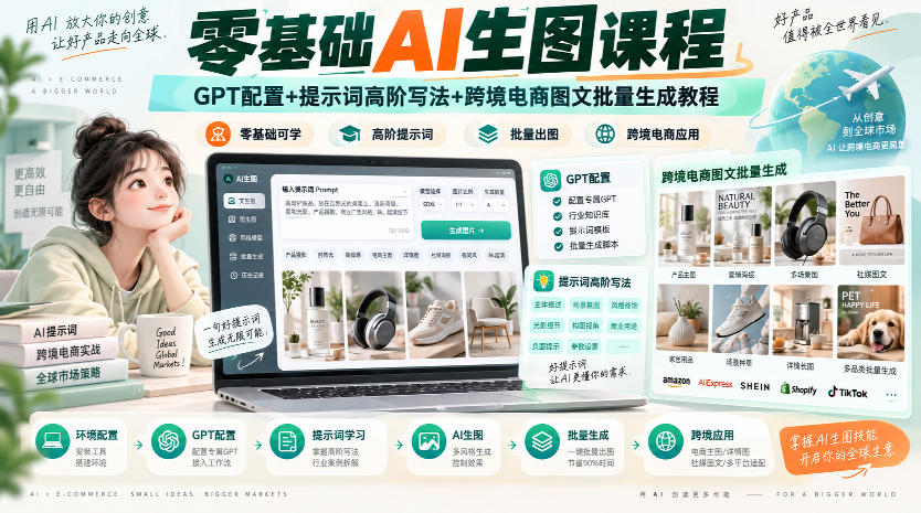 零基础AI生图课程，GPT配置+提示词高阶写法+跨境电商图文批量生成教程-韬哥副业项目资源网