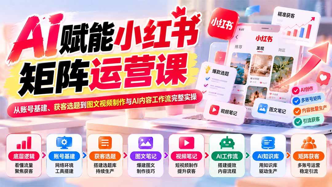 （20822期）AI赋能小红书矩阵运营课：从账号基建、获客选题到图文视频制作与AI内容工作流完整实操-韬哥副业项目资源网