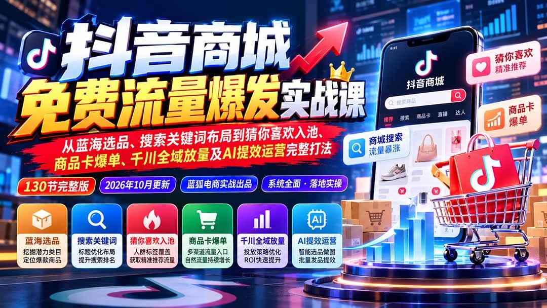 (20959期)抖音商城免费流量爆发实战:从蓝海选品、搜索关键词布局到猜你喜欢入池、商品卡爆单、千川全域放量及AI提效完整打法-韬哥副业项目资源网