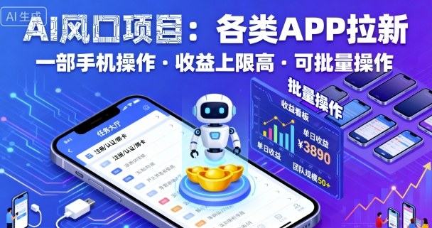 AI风口项目，各类APP拉新，一部手机就可以操作，收益上限高，可批量操作-韬哥副业项目资源网