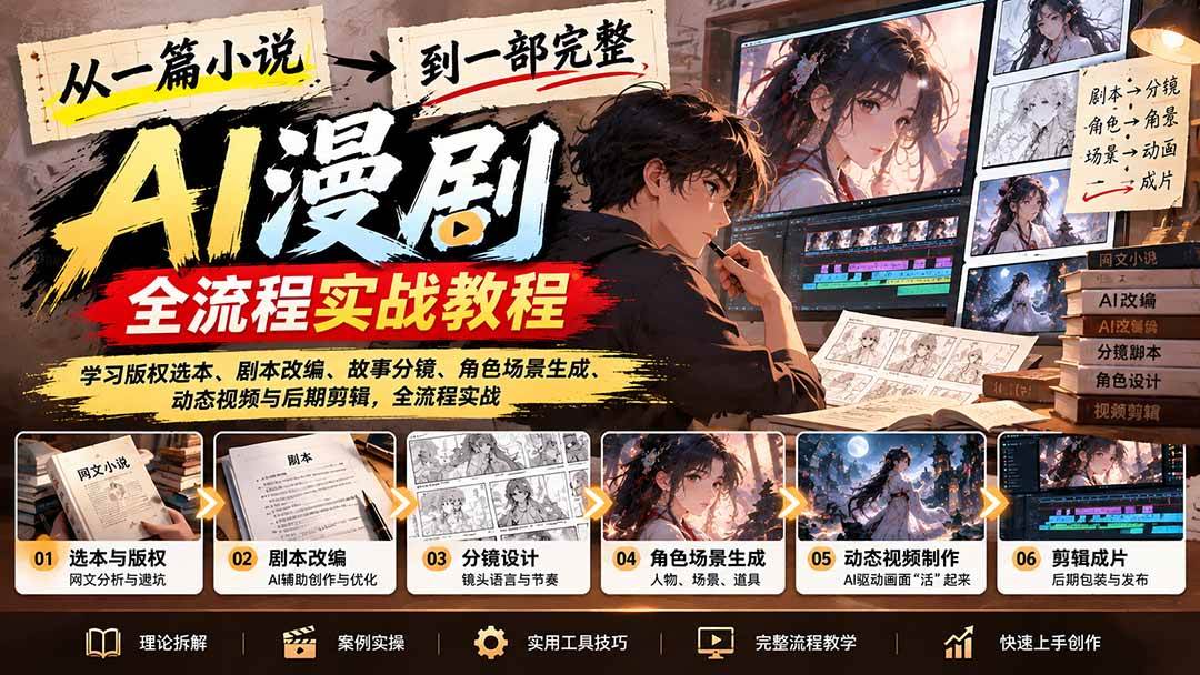 (21262期)从一篇小说到一部完整AI漫剧:学习版权选本、剧本改编、故事分镜、角色场景生成、动态视频与后期剪辑-韬哥副业项目资源网