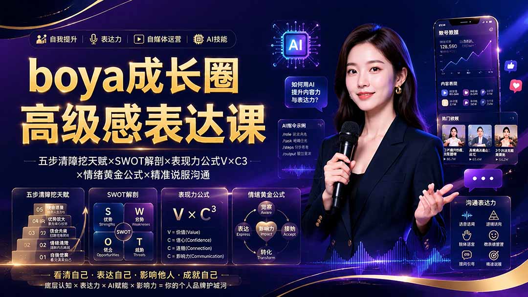 boya成长圈｜内心成长高级表达AI自媒体三合一，消解内耗挖掘天赋，镜头沟通AI指令短视频全流程教学-韬哥副业项目资源网