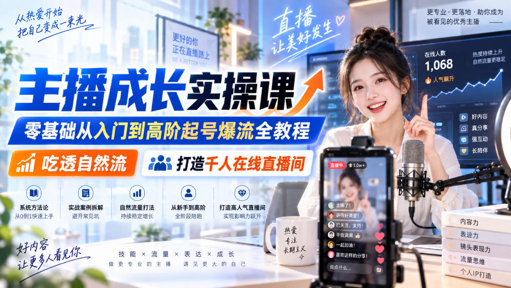 主播成长实操课｜零基础从入门到高阶起号爆流全教程，吃透自然流，打造千人在线直播间-韬哥副业项目资源网