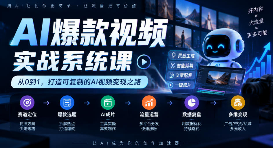 AI爆款视频实战系统课｜赛道定位、爆款选题、AI成片、流量运营、数据复盘、多维变现全链路教学-韬哥副业项目资源网