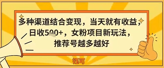 多种渠道结合变现，当天就有收益，日收5张+，女粉项目新玩法，推荐号越多越好-韬哥副业项目资源网