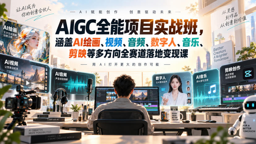 AIGC全能项目实战班，涵盖AI绘画、视频、音频、数字人、音乐、剪映等多方向全赛道落地变现课-韬哥副业项目资源网