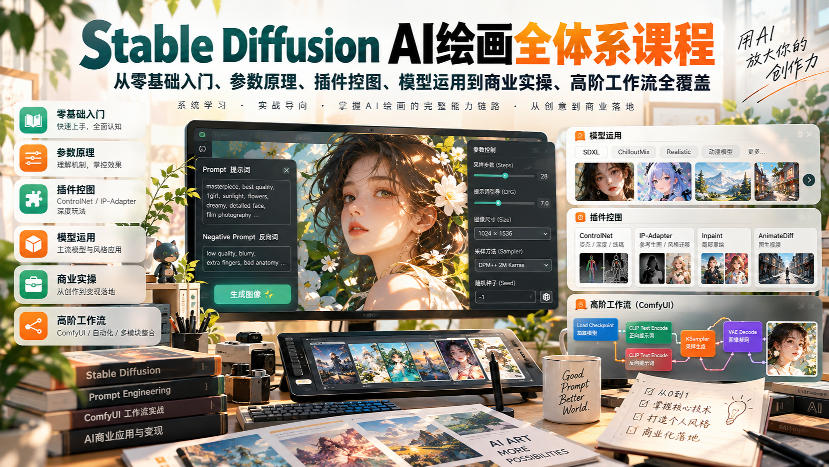 【无水印】Stable Diffusion AI绘画全体系课程，从零基础入门、参数原理、插件控图、模型运用到商业实操、高阶工作流全覆盖-韬哥副业项目资源网
