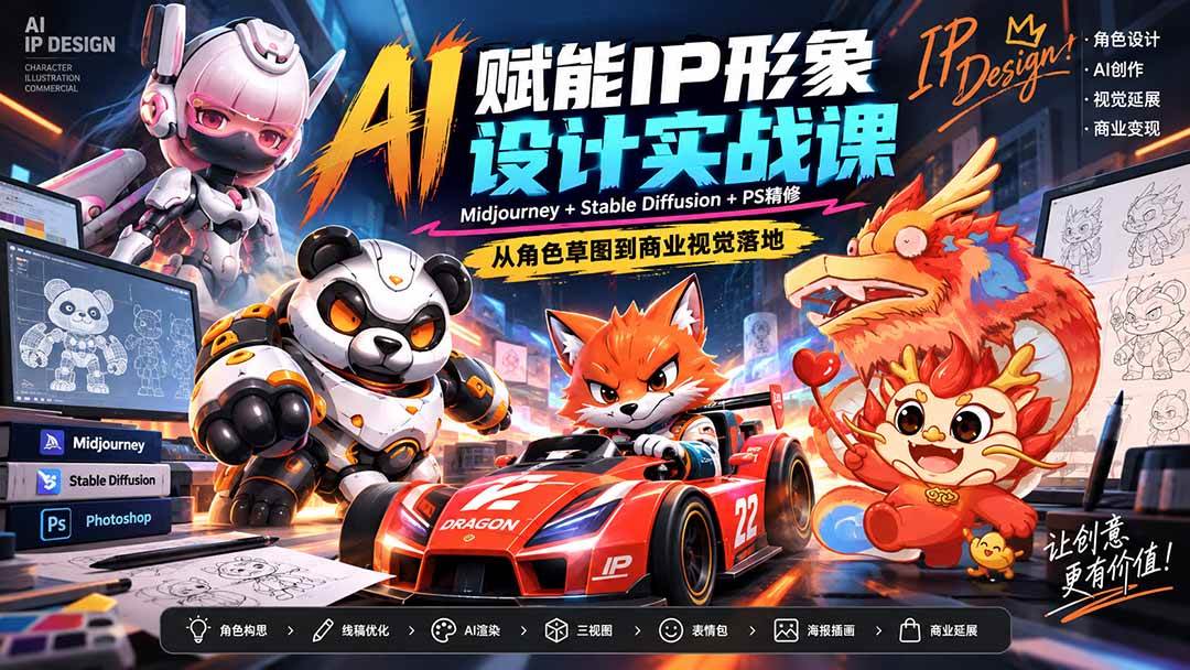 （20552期）AI赋能IP形象设计实战课-无水印：Midjourney+Stable Diffusion+PS精修，从角色草图到商业视觉落地-韬哥副业项目资源网