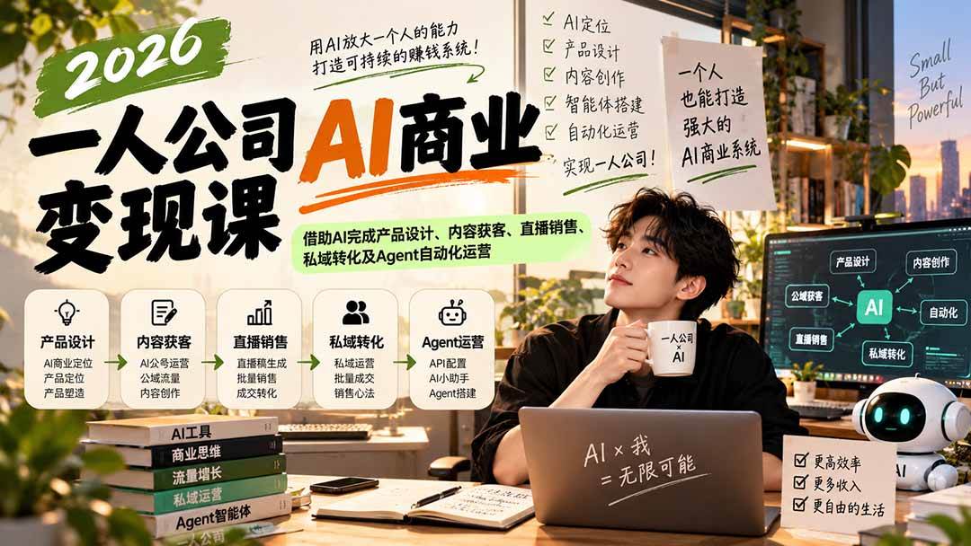 (20901期)2026一人公司AI商业变现课:借助AI完成产品设计、内容获客、直播销售、私域转化及Agent自动化运营-韬哥副业项目资源网