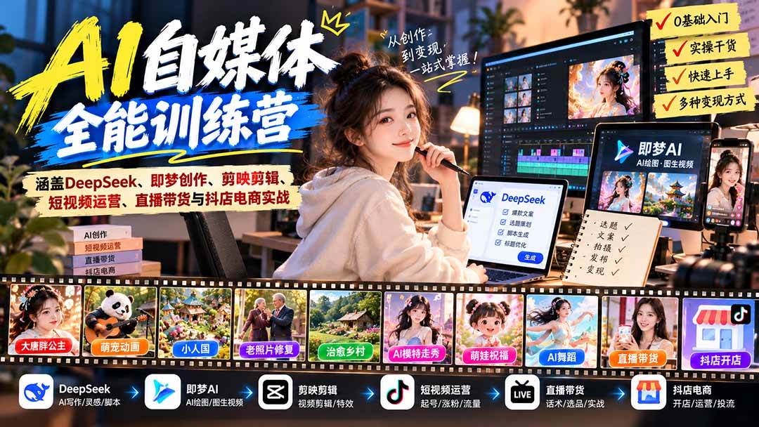 （21201期）【无水印】AI+自媒体全能训练营：涵盖DeepSeek、即梦创作、剪映剪辑、短视频运营、直播带货与抖店电商实战