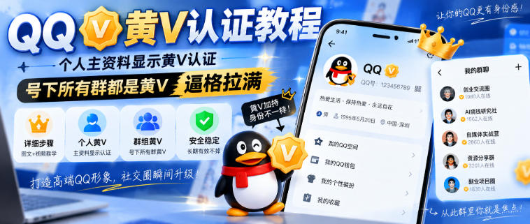 QQ黄V认证教程，个人主资料显示黄V认证，号下所有群都是黄V，逼格拉满-韬哥副业项目资源网