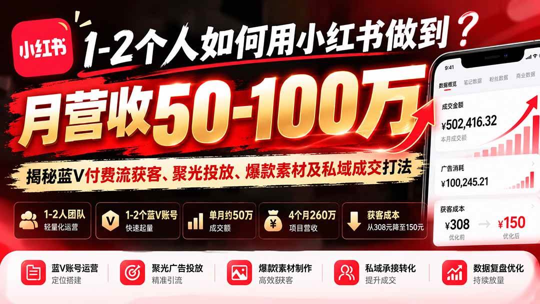 （20939期）1-2个人如何用小红书做到月营收50-100万？揭秘蓝V付费流获客、聚光投放、爆款素材及私域成交打法-韬哥副业项目资源网