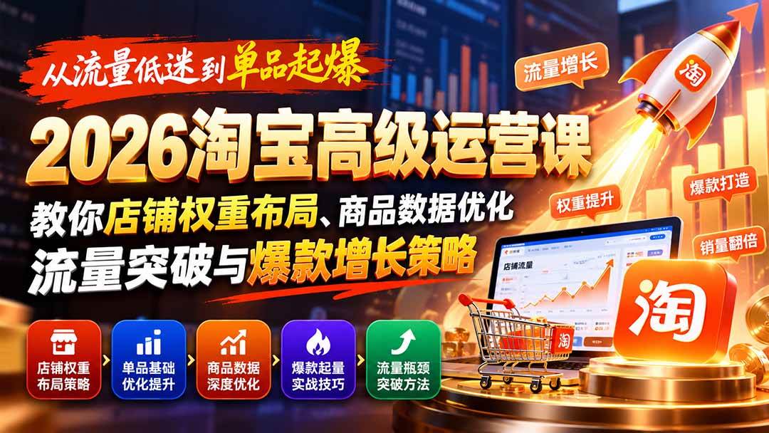 （20952期）从流量低迷到单品起爆：2026淘宝高级运营课教你店铺权重布局、商品数据优化、流量突破与爆款增长策略-韬哥副业项目资源网