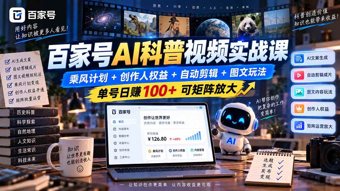 (20579期)百家号AI科普视频实战课:乘风计划+创作人权益+自动剪辑+图文玩法,单号日赚100+可矩阵放大-韬哥副业项目资源网