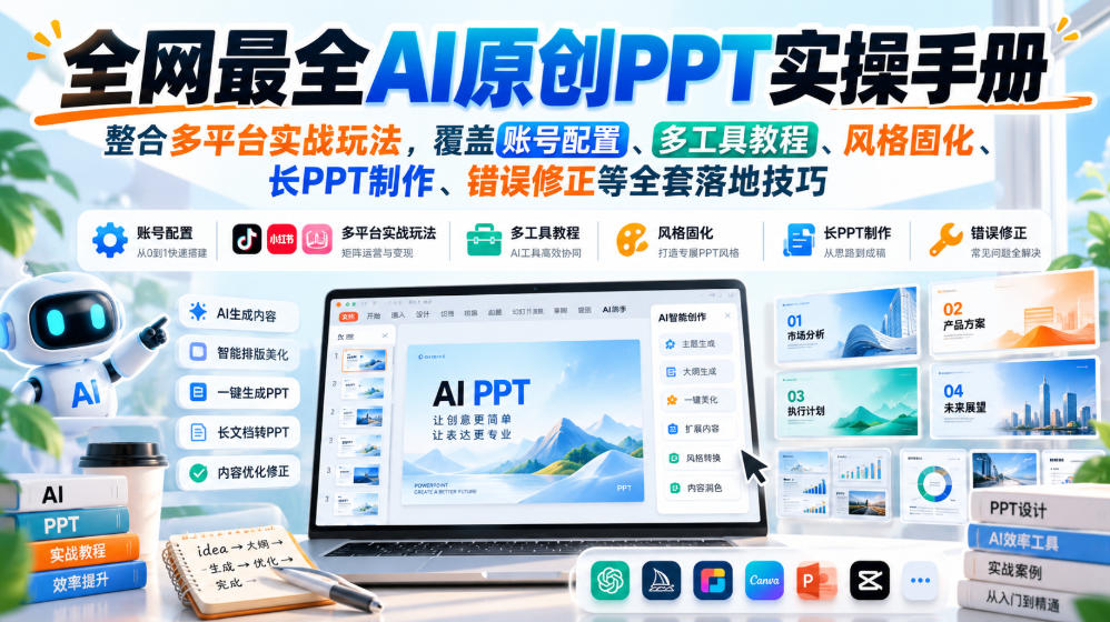 全网最全AI原创PPT实操手册,整合多平台实战玩法,覆盖账号配置、多工具教程、风格固化、长PPT制作、错误修正等全套落地技巧-韬哥副业项目资源网