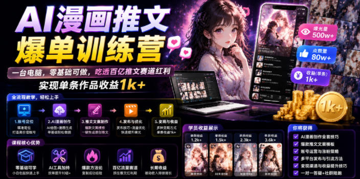 AI漫画推文爆单训练营,一台电脑,零基础可做,吃透百亿推文赛道红利,实现单条作品收益1k+-韬哥副业项目资源网