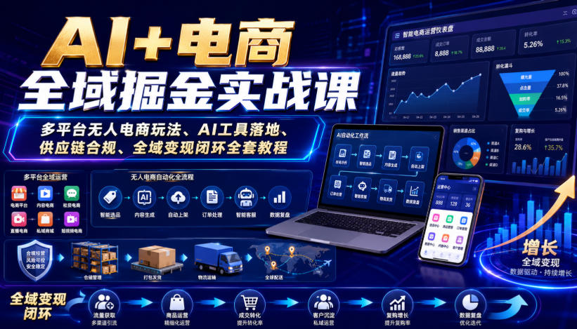 AI+电商全域掘金实战课｜多平台无人电商玩法、AI工具落地、供应链合规、全域变现闭环全套教程-韬哥副业项目资源网