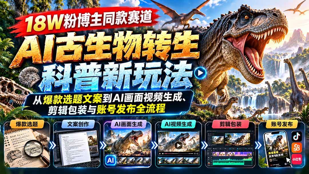（20833期）18W粉博主同款赛道-AI古生物转生科普新玩法：从爆款选题文案到AI画面视频生成、剪辑包装与账号发布全流程-韬哥副业项目资源网