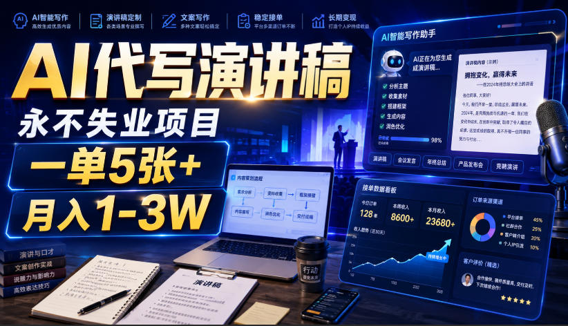 AI代写演讲稿，永不失业项目，一单5张+，月入1-3W【揭秘】-韬哥副业项目资源网