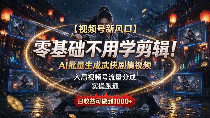 （20780期）【视频号新风口】零基础不用学剪辑！AI 批量生成武侠剧情视频，入局视频号流量分成，实操跑通，日收益可做到 1000+-韬哥副业项目资源网