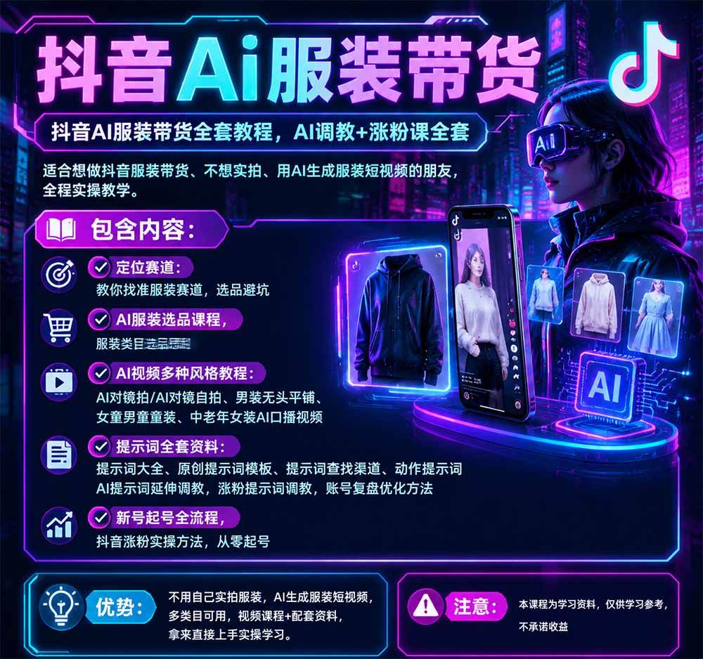 (20960期)不用真人出镜的抖音AI服装带货课:AI对镜自拍、童装男装女装视频制作、起号涨粉,附提示词大全与调教模板-韬哥副业项目资源网
