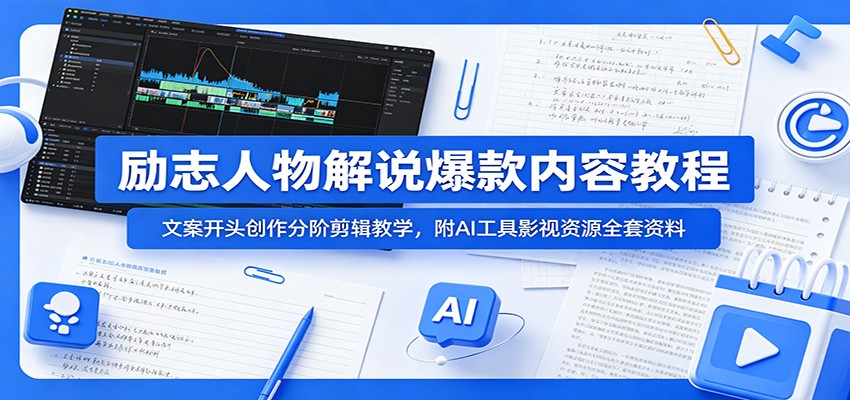 励志人物解说爆款内容教程:文案开头创作分阶剪辑教学,附AI 工具影视资源全套资料-韬哥副业项目资源网