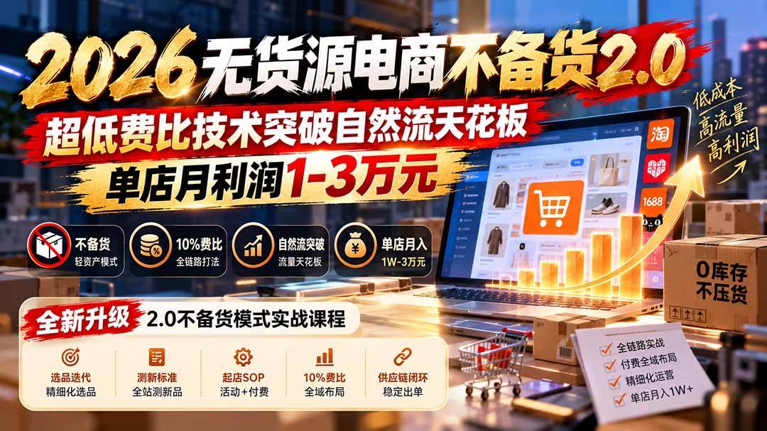 （20896期）2026无货源电商不备货2.0【更新1010】：超低费比技术突破自然流天花板，单店月利润1-3万元-韬哥副业项目资源网